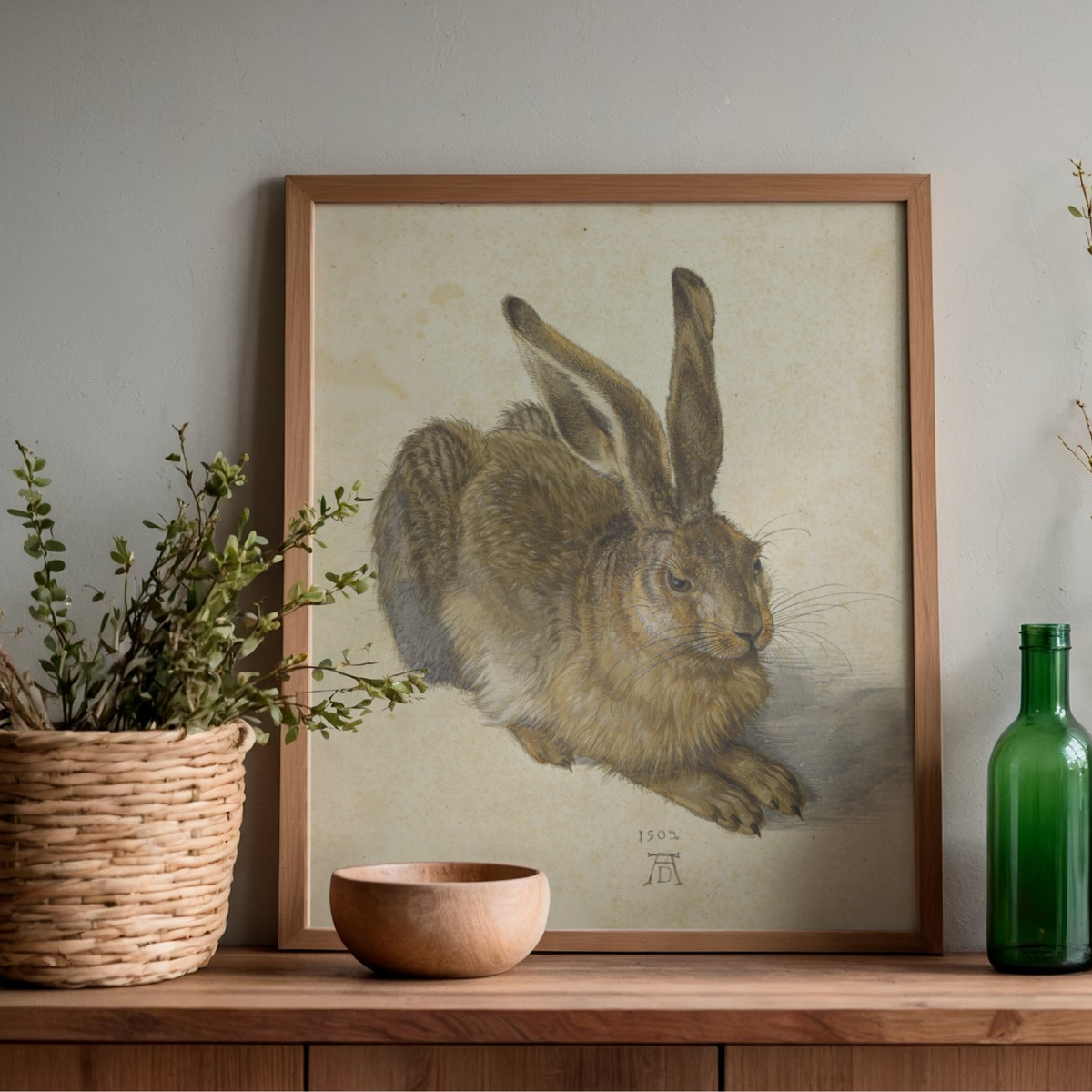 Young Hare by Albrecht Dürer vintage rabbit artwork displayed in a wooden frame
