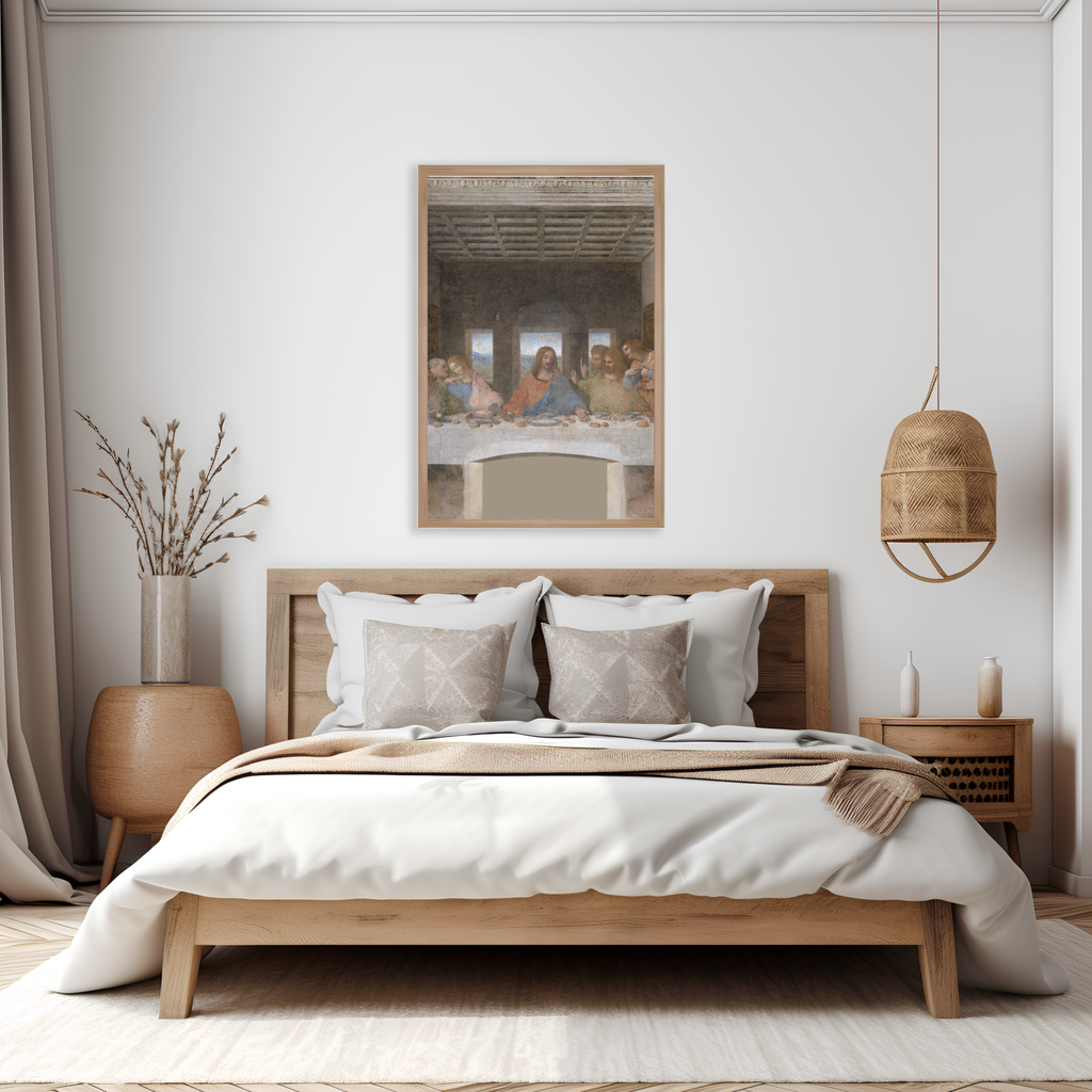 Leonardo da Vinci The Last Supper printable Renaissance artwork displayed in a neutral bedroom