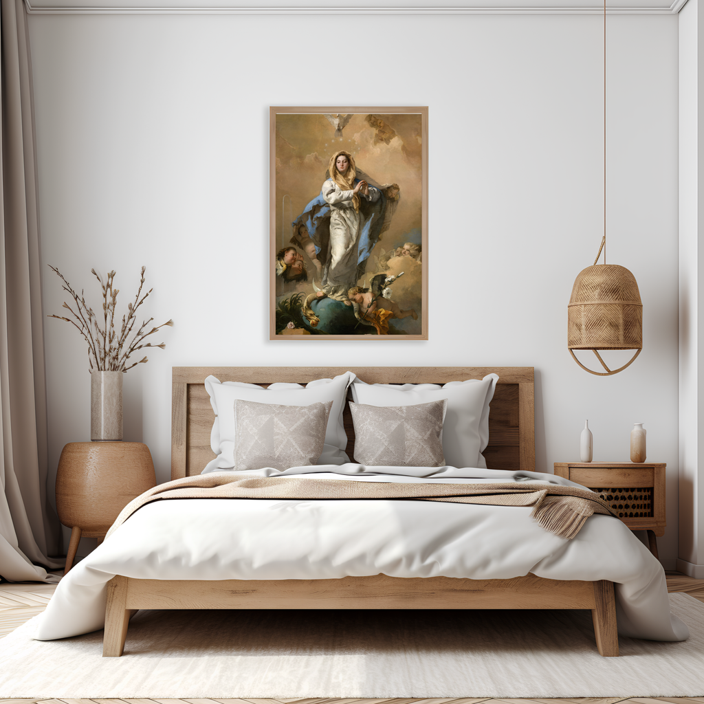 Giovanni Battista Tiepolo Immaculate Conception printable wall art displayed above a neutral bedroom
