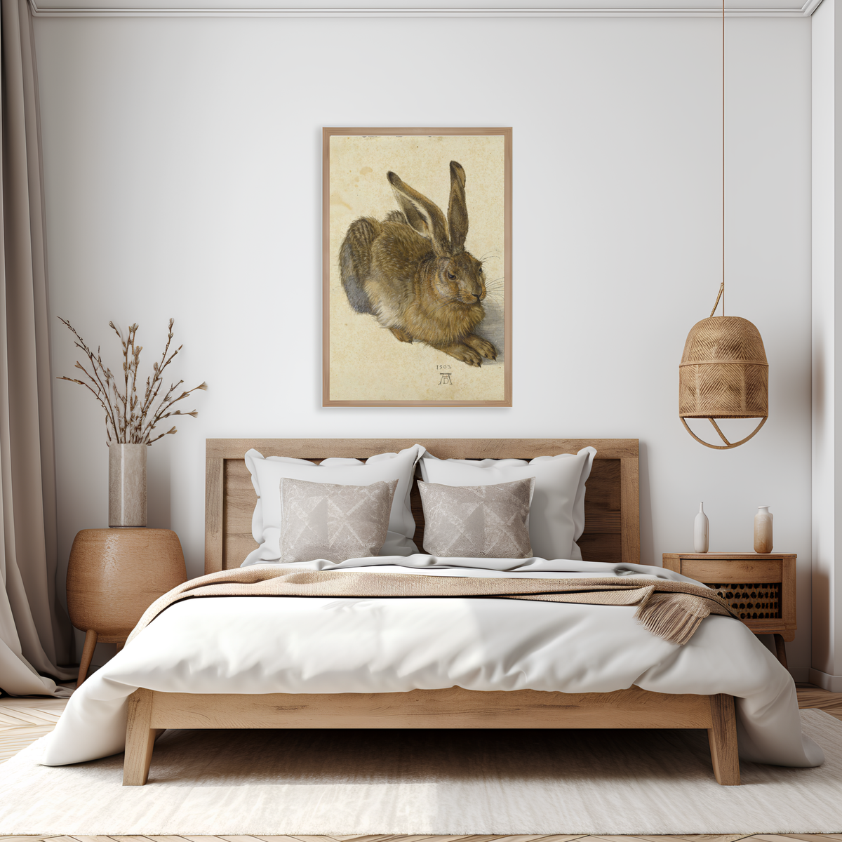Albrecht Dürer Young Hare printable rabbit wall art displayed above a neutral bedroom
