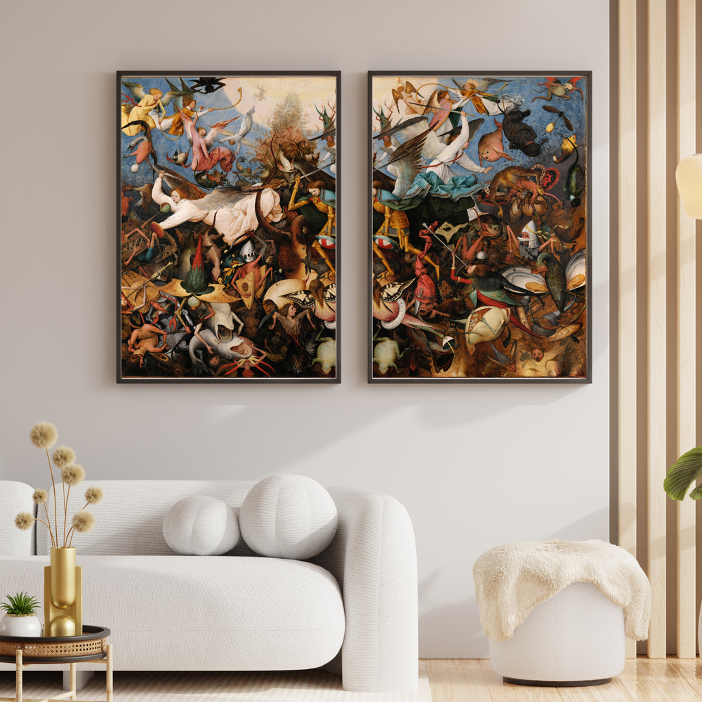 Pieter Bruegel The Fall of the Rebel Angels displayed as two-panel gallery wall decor