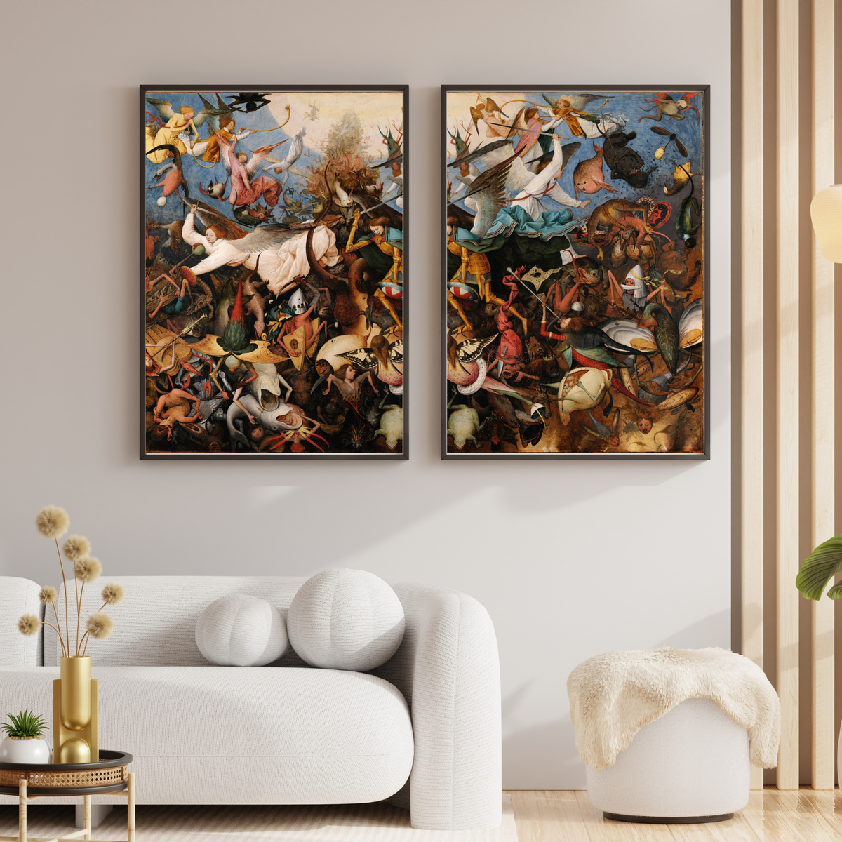Pieter Bruegel The Fall of the Rebel Angels displayed as two-panel gallery wall decor