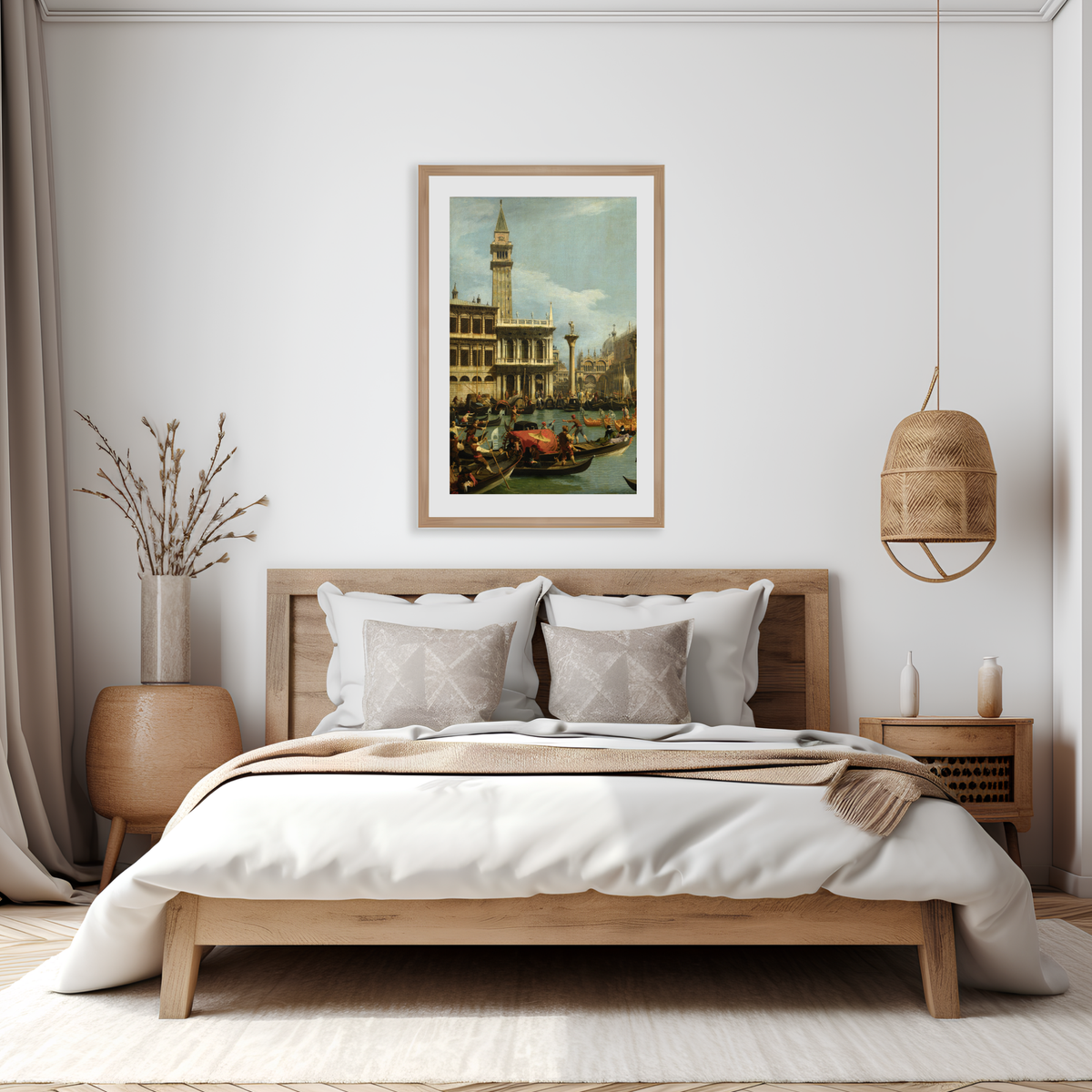 Canaletto Venice printable wall art displayed in a neutral bedroom interior