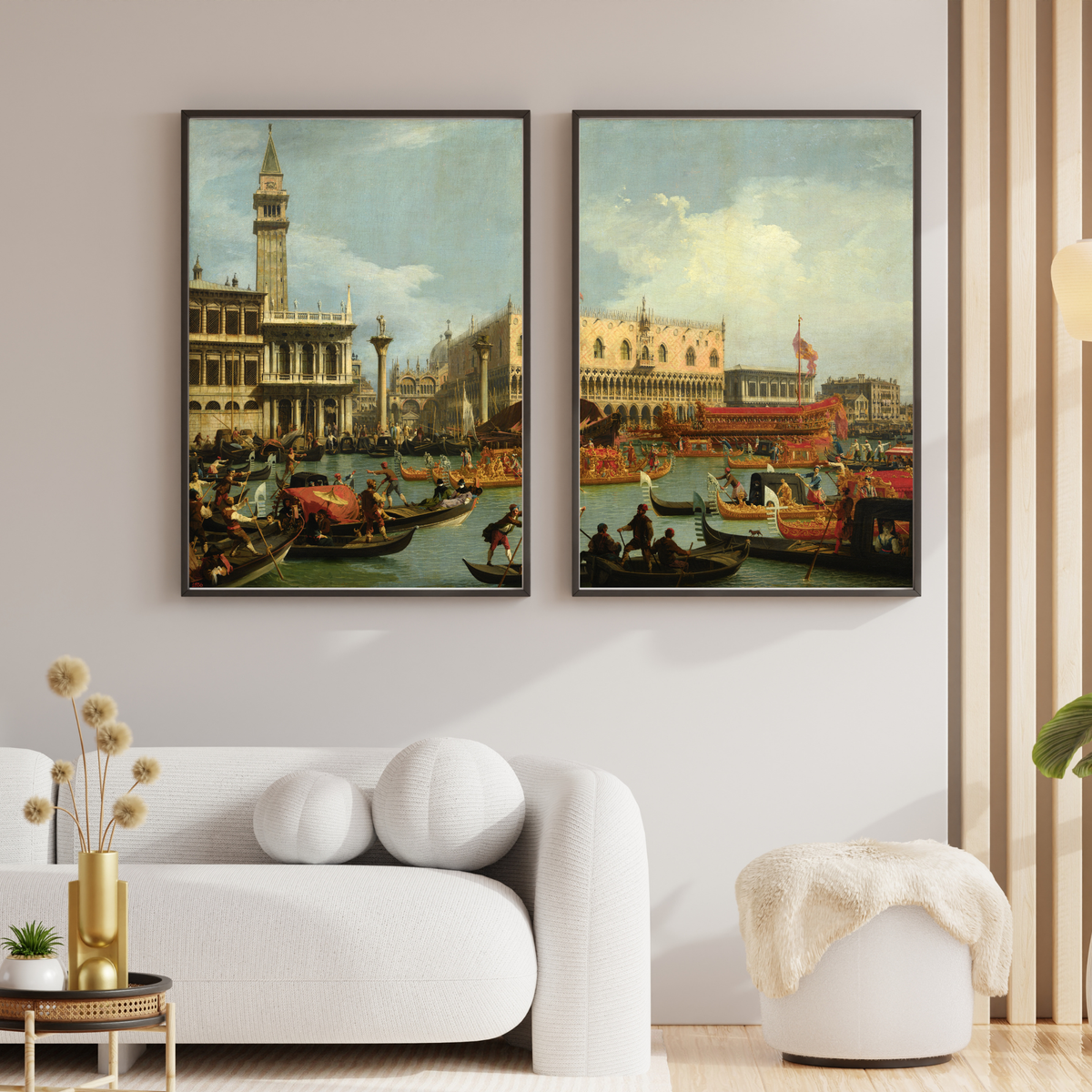 Canaletto Bucintoro Venice artwork displayed as two framed gallery wall panels