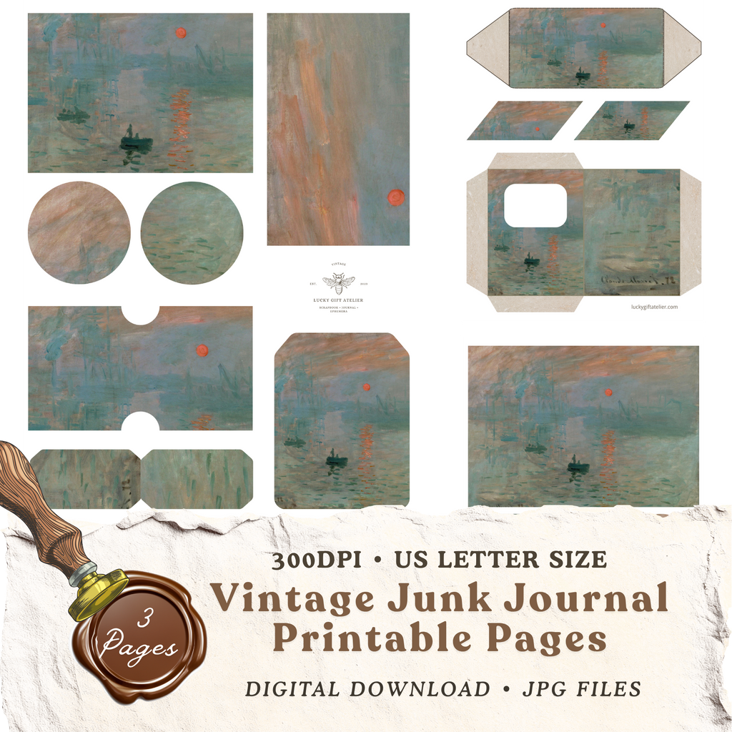 Claude Monet Impression Sunrise printable junk journal kit with vintage ephemera