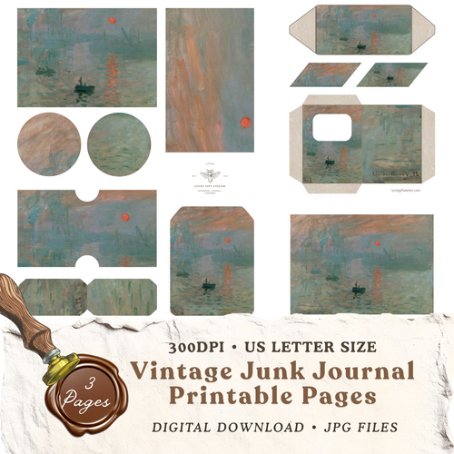 Claude Monet Impression Sunrise printable junk journal kit with vintage ephemera