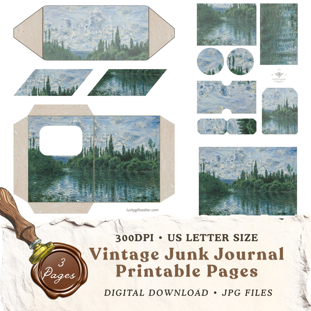 Claude Monet The Seine at Giverny junk journal printable kit with 3 digital pages