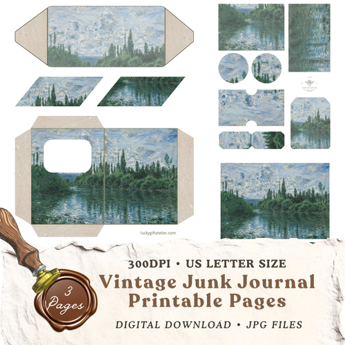 Claude Monet The Seine at Giverny junk journal printable kit with 3 digital pages