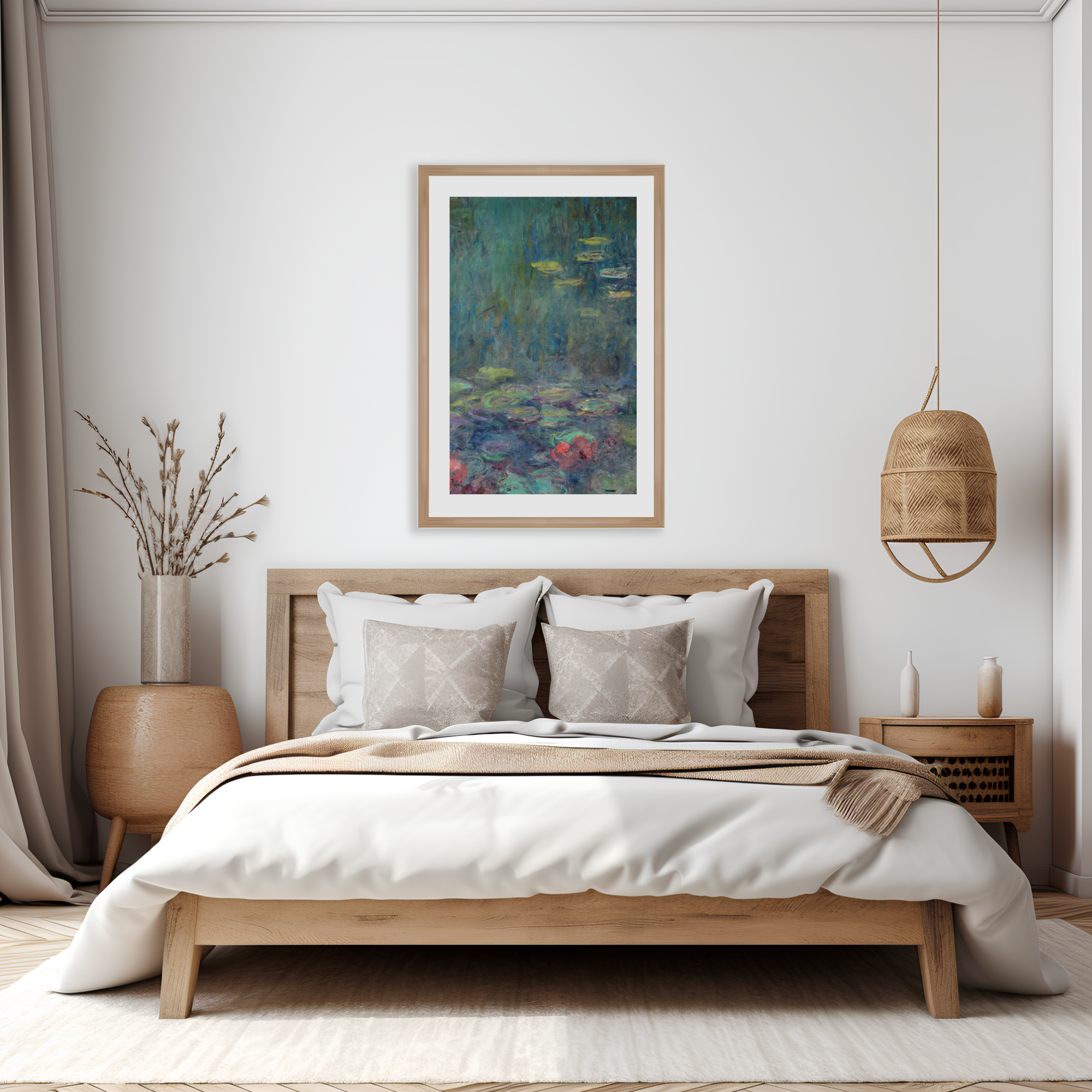 Claude Monet Water Lilies printable wall art displayed above a bed
