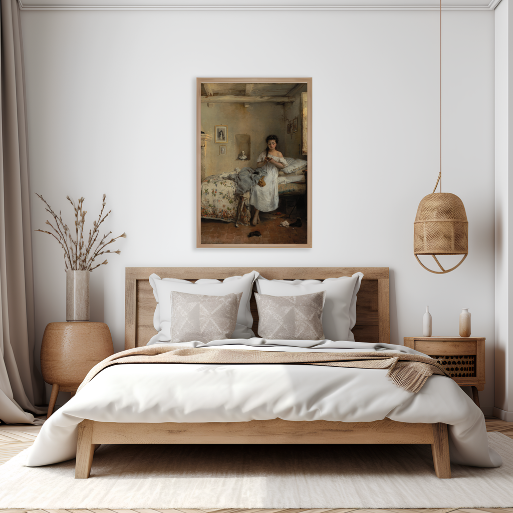 Gerolamo Induno Sad Presentiment vintage printable wall art displayed above a bedroom bed