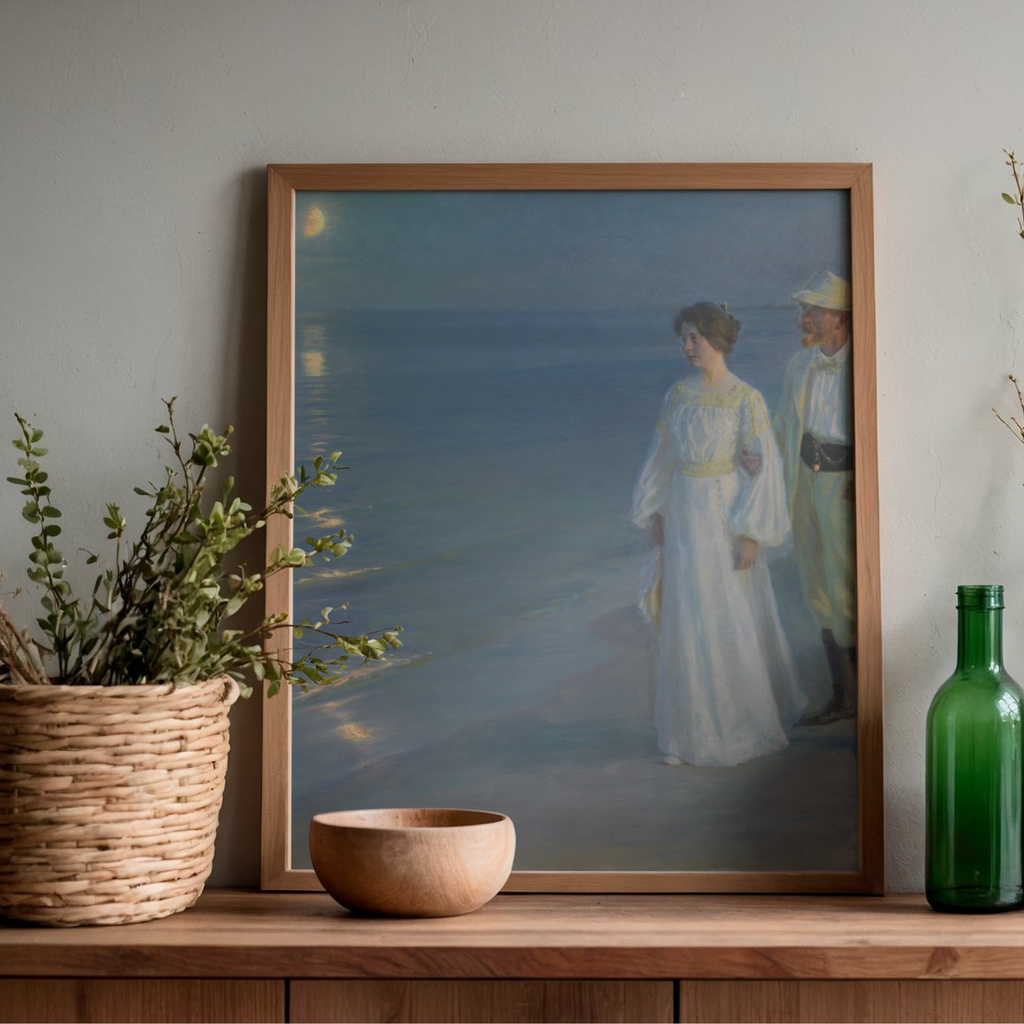 Peder Severin Kroyer Summer Evening at Skagen Beach displayed in a wooden frame