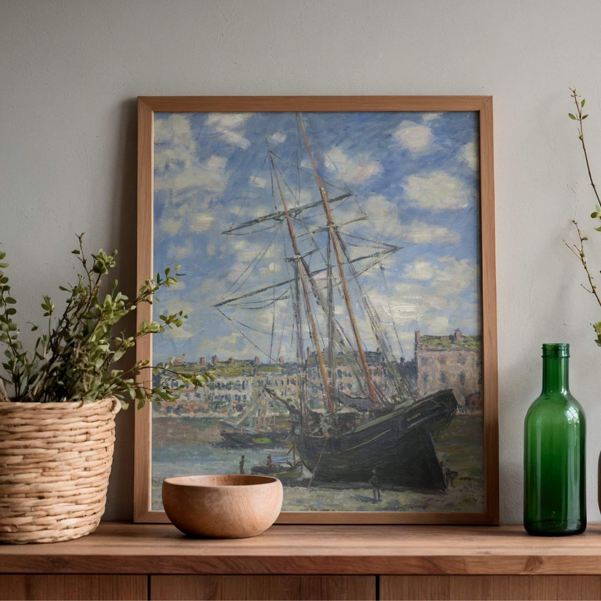 Claude Monet Boats at Low Tide framed wall art mockup