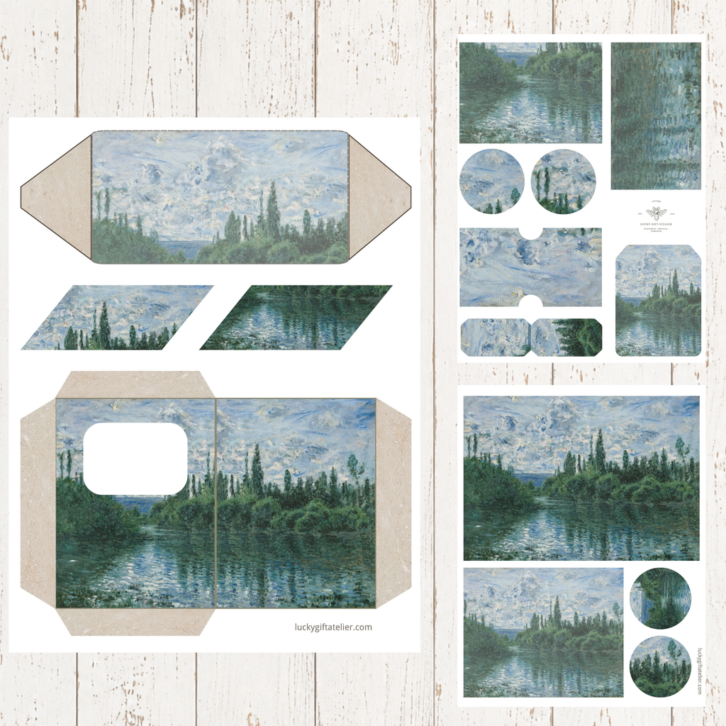 Printable Claude Monet junk journal pages with envelope pockets tags and ephemera