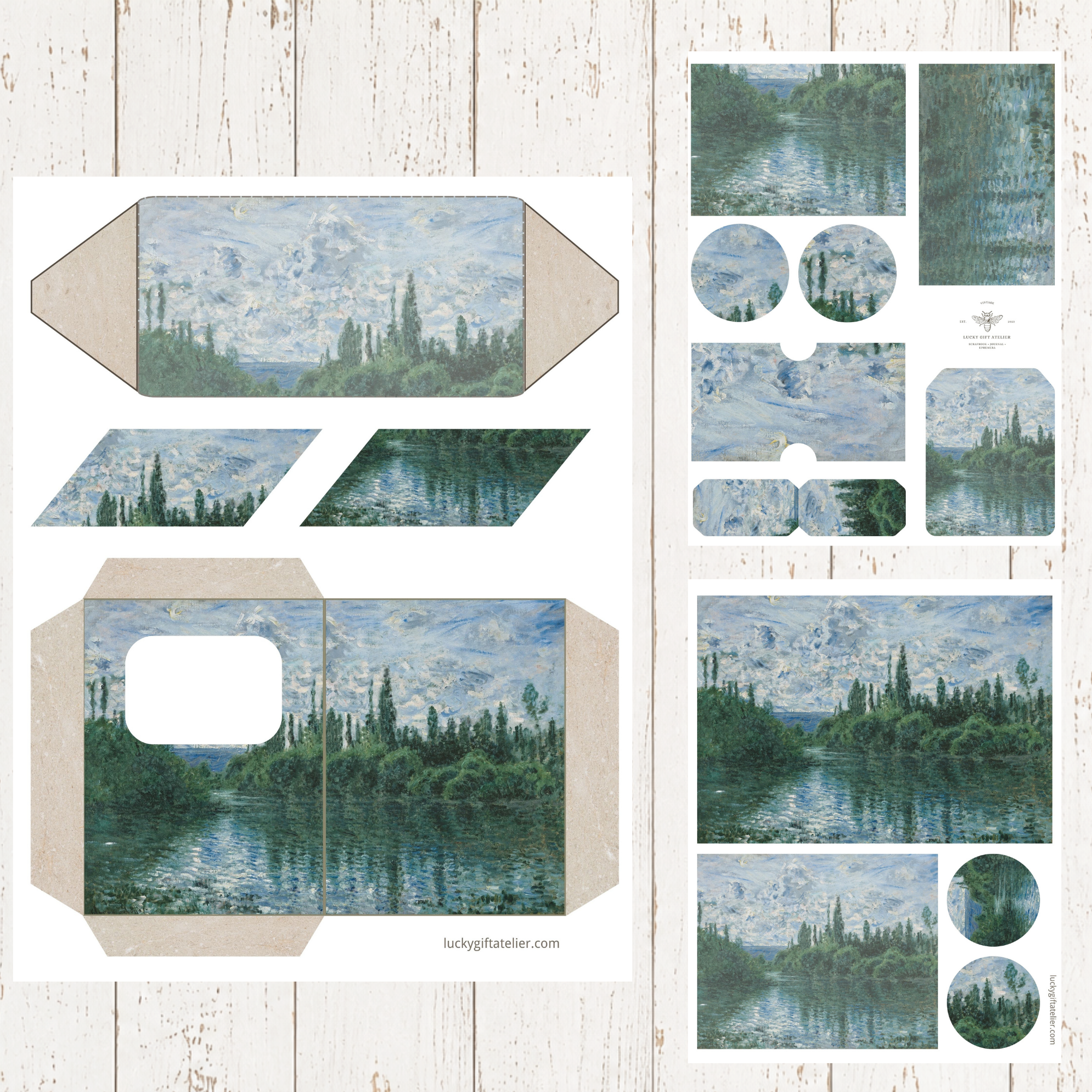 Printable Claude Monet junk journal pages with envelope pockets tags and ephemera