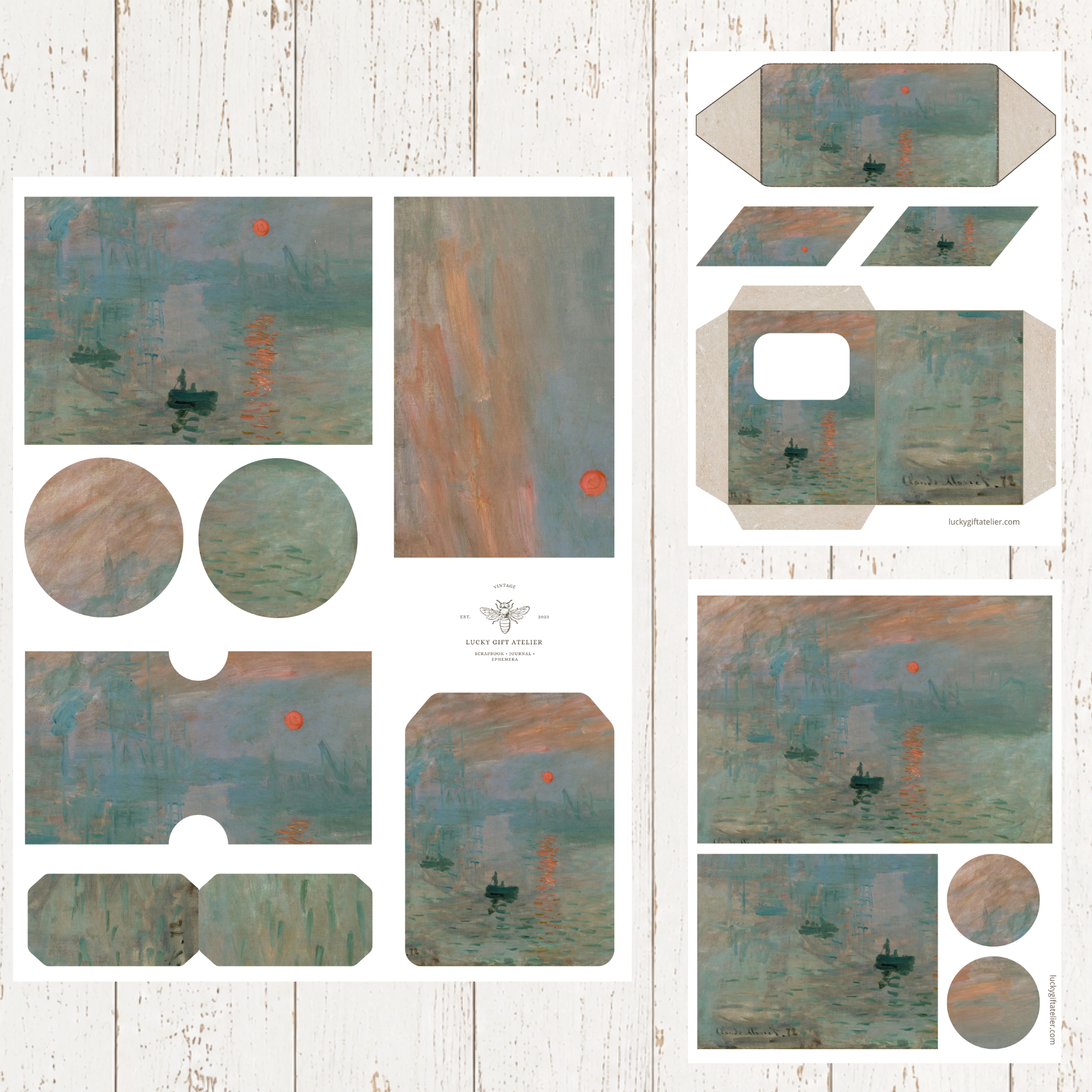 Claude Monet Impression Sunrise printable junk journal pages with pockets tags and ephemera