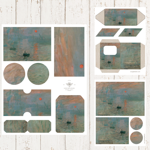 Claude Monet Impression Sunrise printable junk journal pages with pockets tags and ephemera