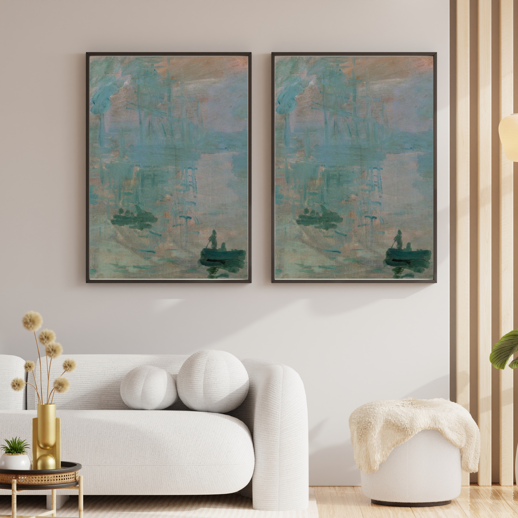 Claude Monet Impression Sunrise wall art displayed in a living room