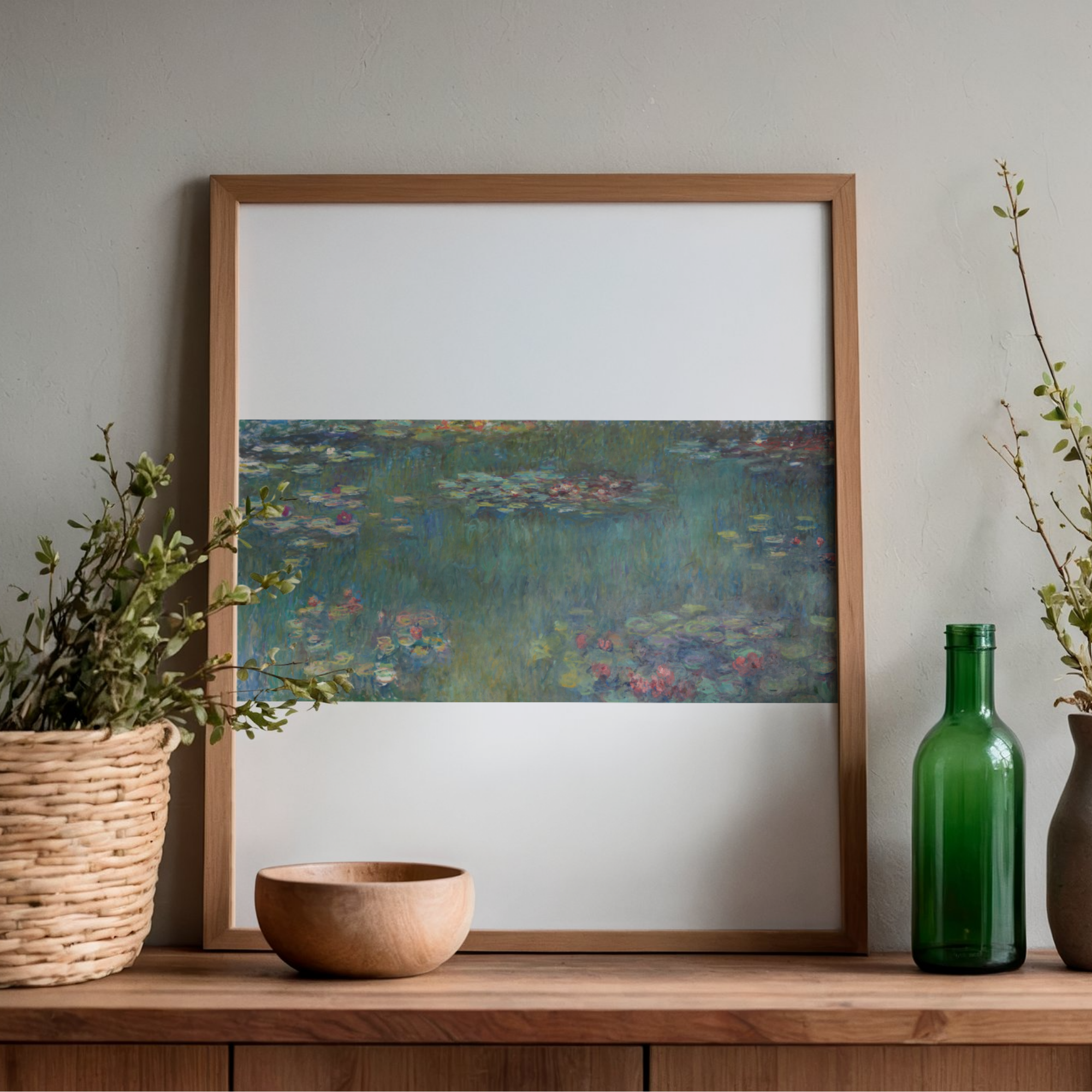 Claude Monet Water Lilies printable art displayed in a wooden frame