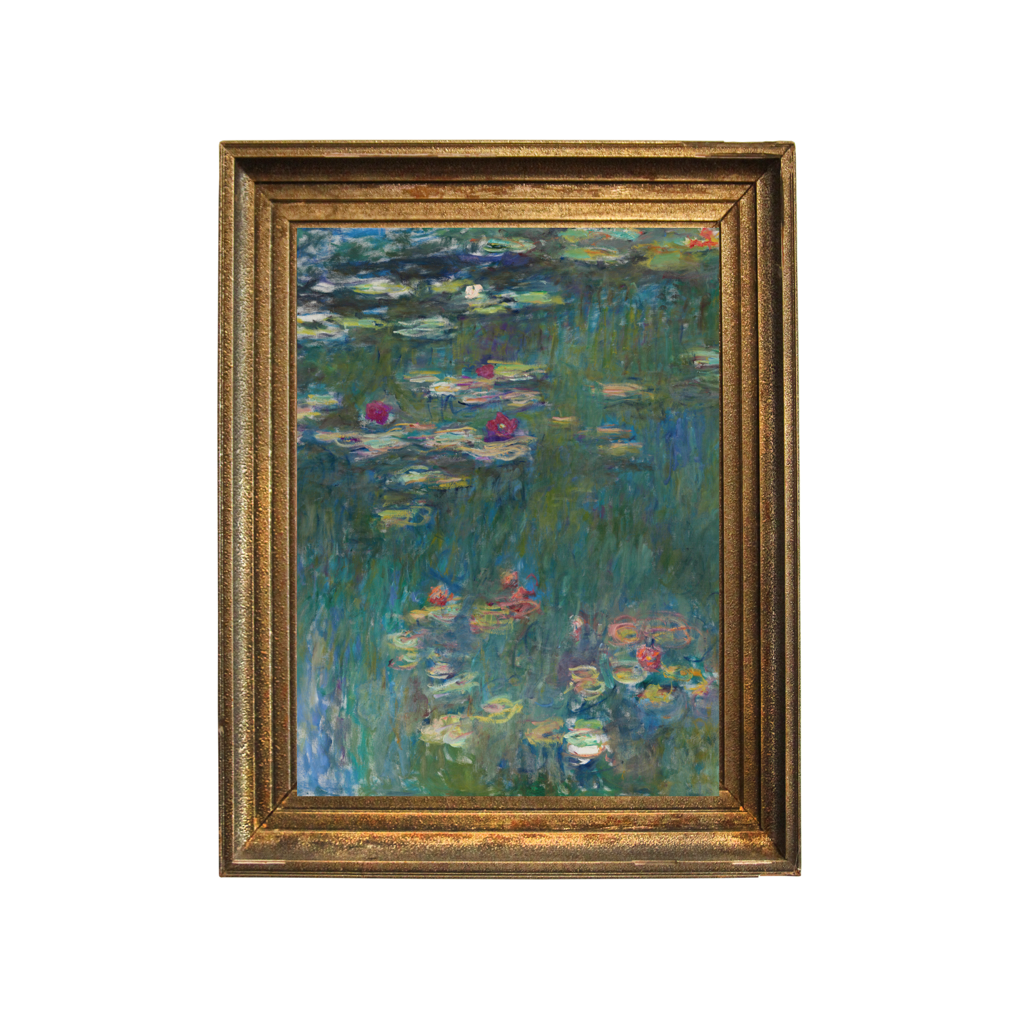 Monet Water Lilies printable artwork displayed in a vintage gold frame