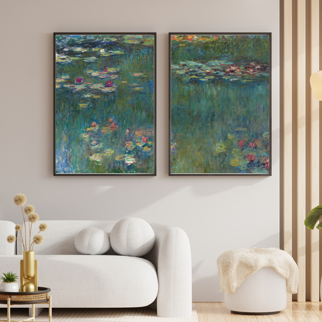 Monet Water Lilies printable wall art displayed in a modern living room
