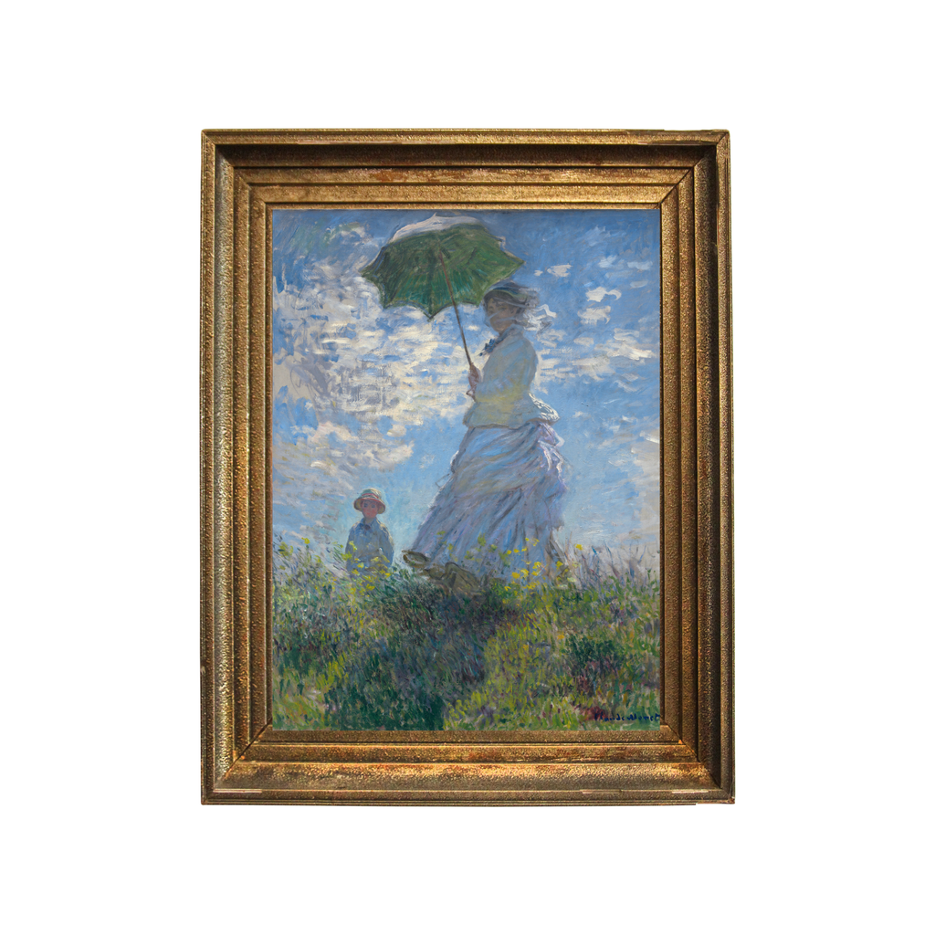 Claude Monet Woman with a Parasol artwork displayed in vintage gold frame