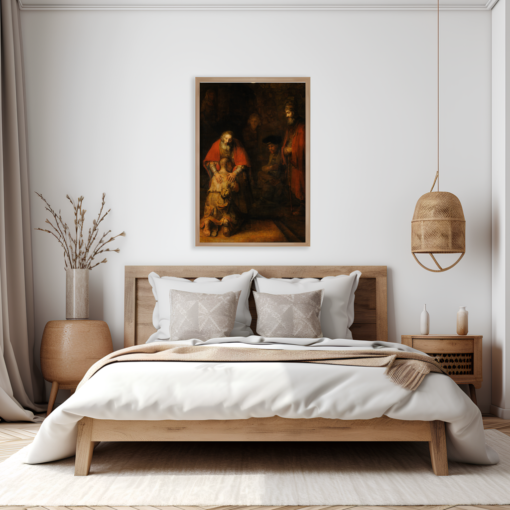 Rembrandt Return of the Prodigal Son printable wall art displayed above a bedroom bed