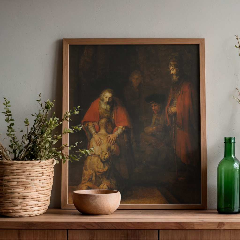 Rembrandt The Return of the Prodigal Son printable artwork displayed in a wooden frame