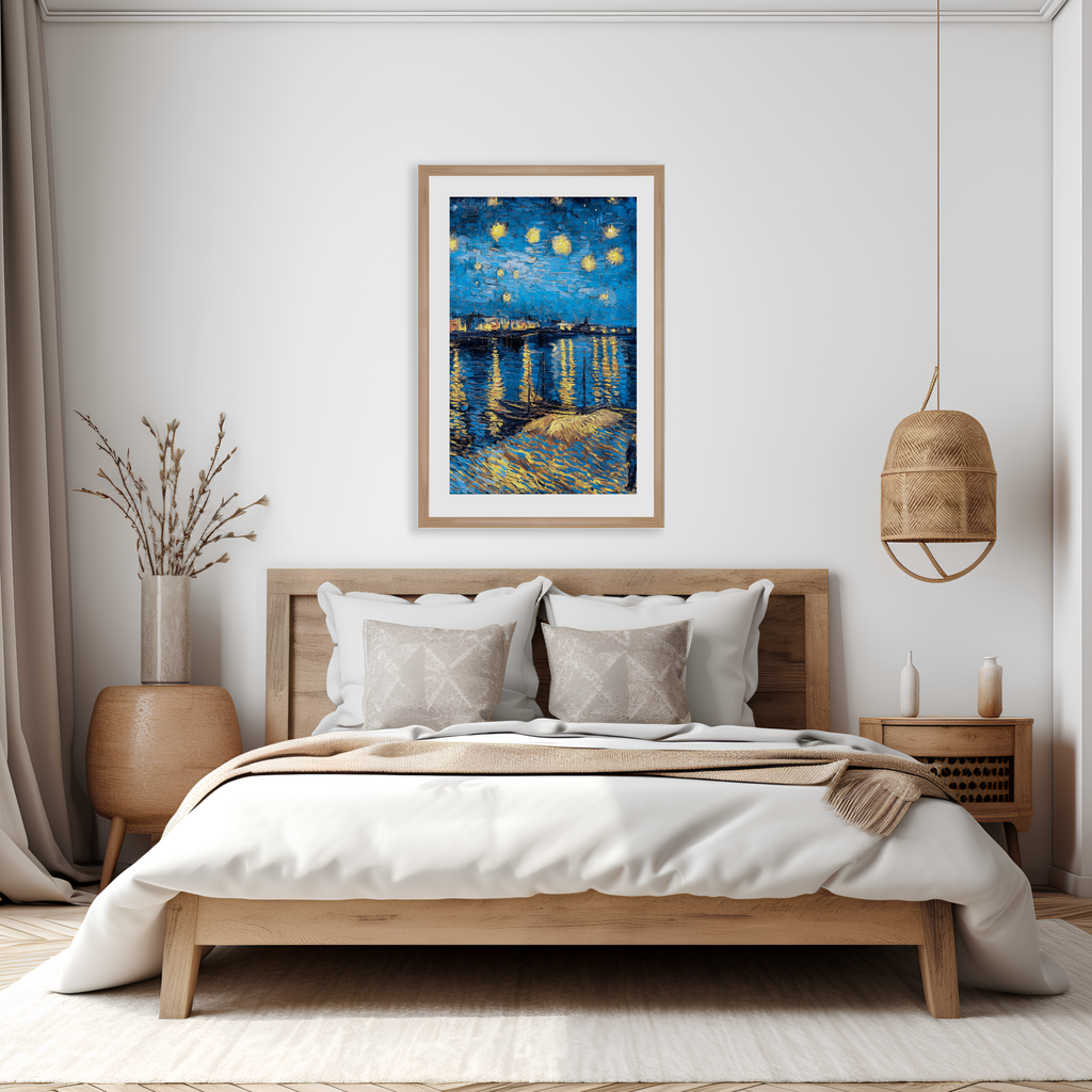 Starry Night Over the Rhône printable art displayed in a framed bedroom wall decor setting.