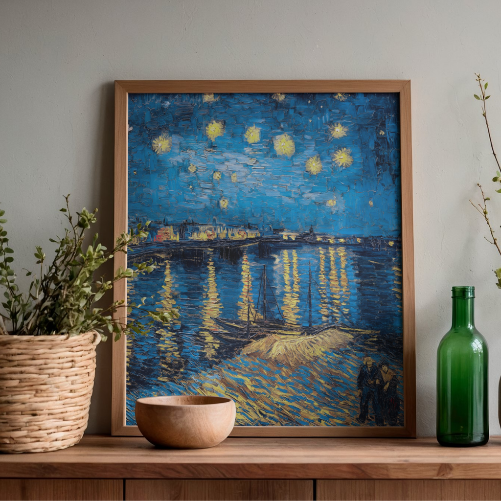 Starry Night Over the Rhône by Vincent van Gogh displayed in a wooden frame on a shelf.