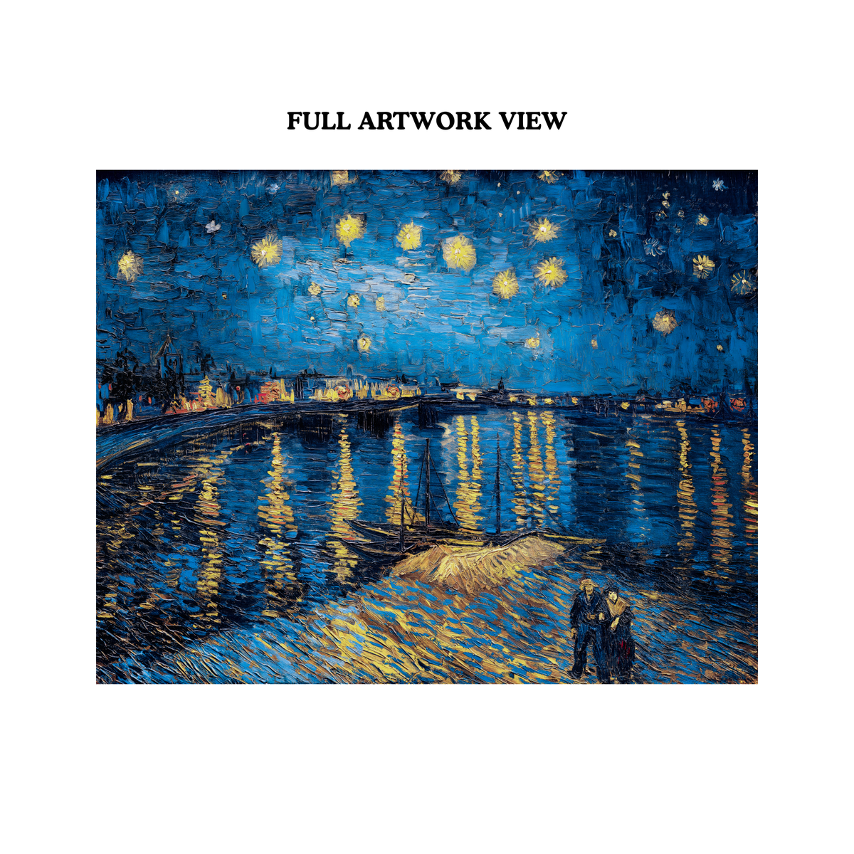 Full artwork view of Vincent van Gogh Starry Night Over the Rhône featuring the blue night sky and river reflections.