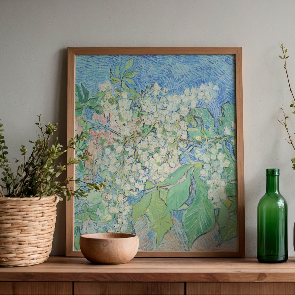 Vincent van Gogh Blossoming Chestnut Branches printable art in wooden frame