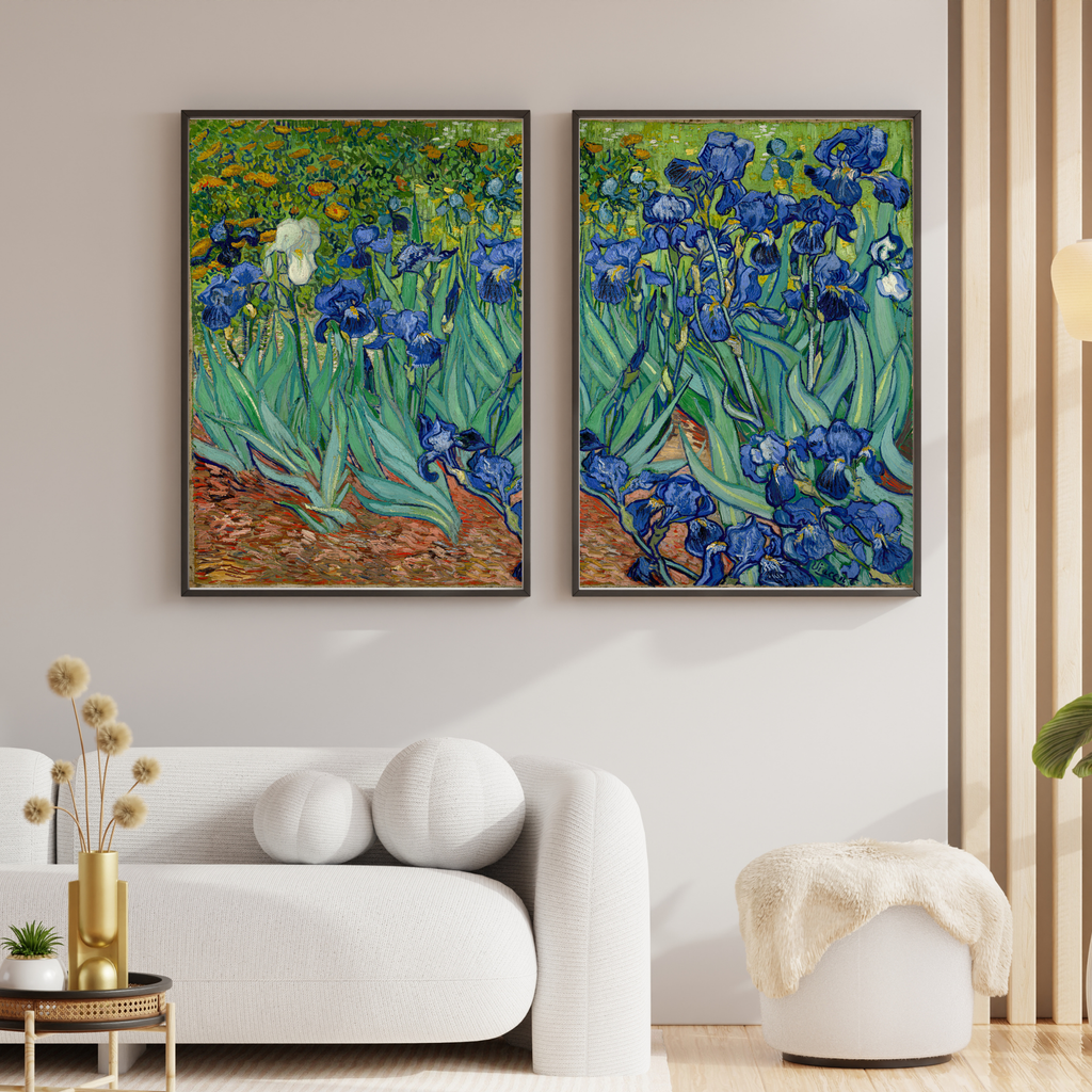 Van Gogh Irises printable wall art displayed as framed gallery decor