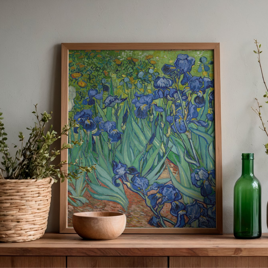 Vincent van Gogh Irises printable art displayed in a wooden frame