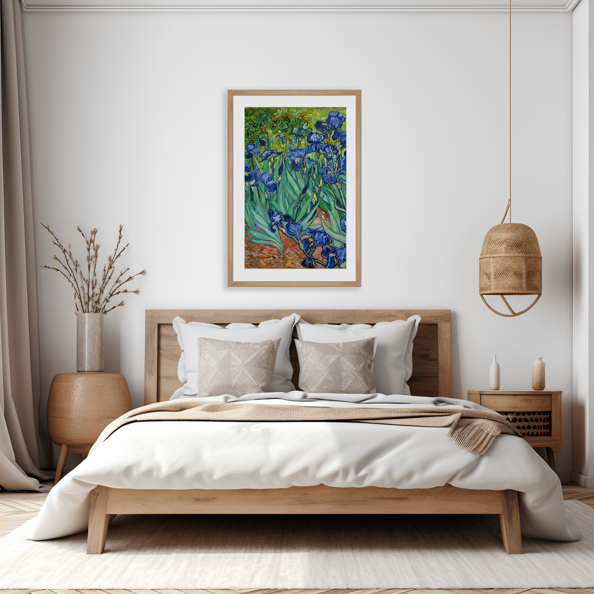 Vincent van Gogh Irises floral wall art displayed in a bedroom