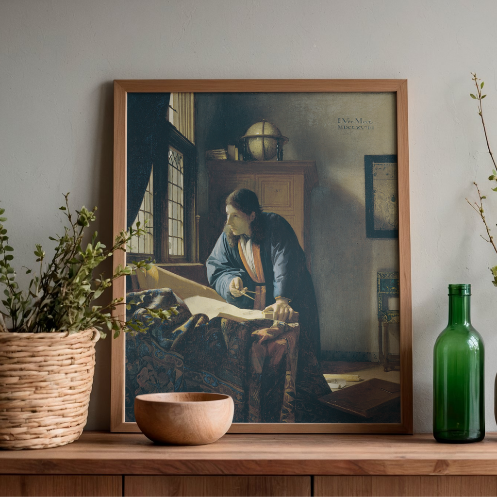 Vermeer The Geographer framed printable wall art in vintage interior