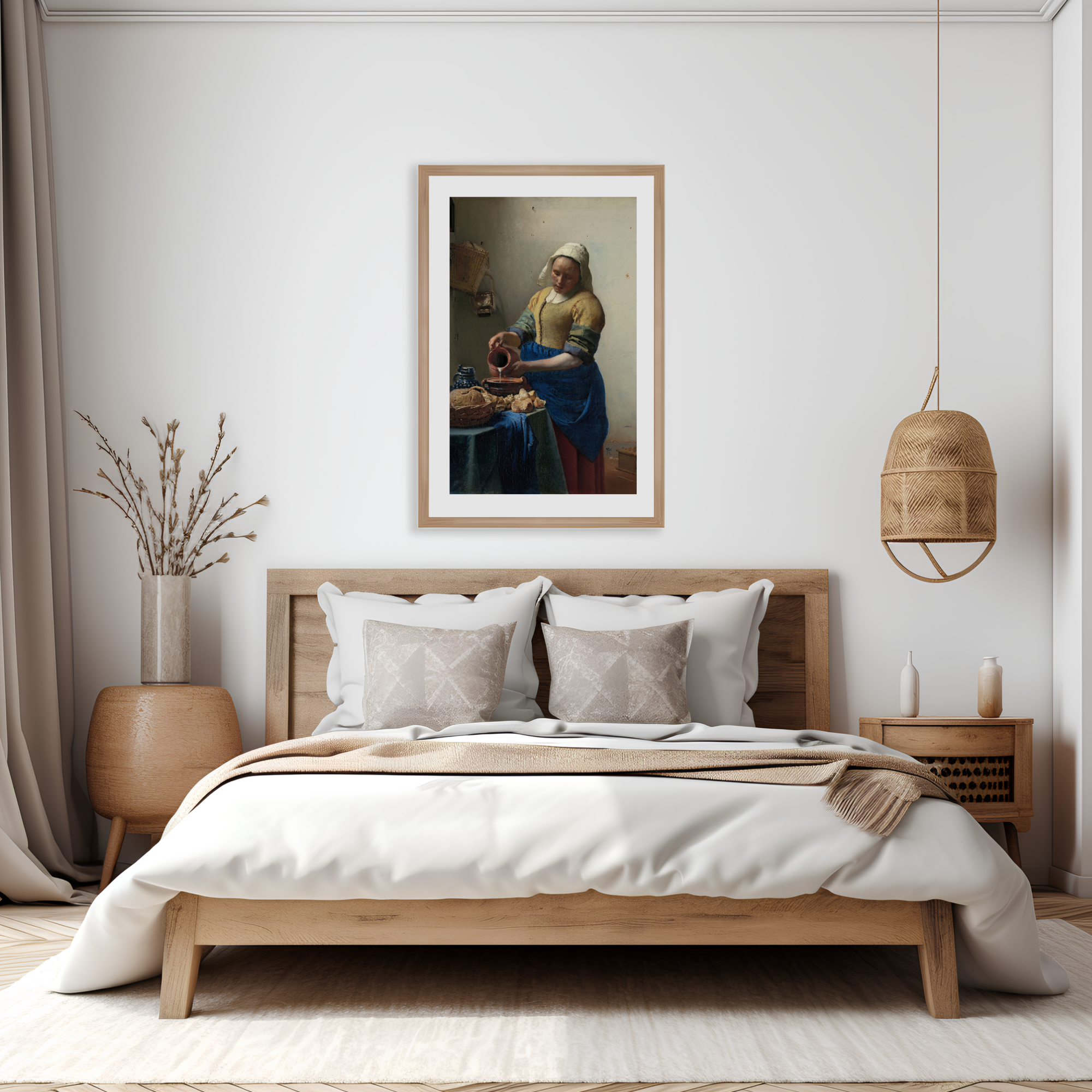Johannes Vermeer The Milkmaid printable wall art displayed in bedroom