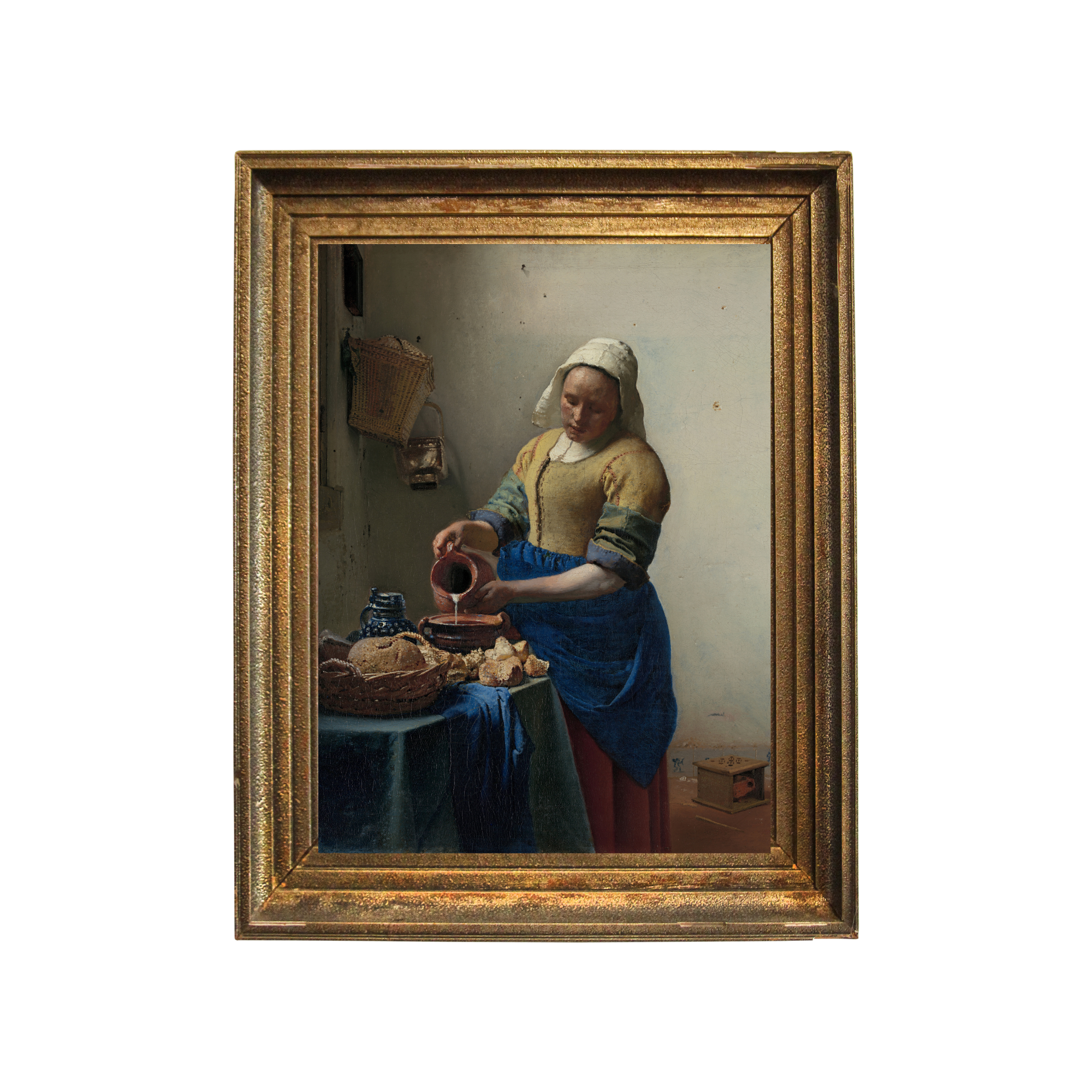 Johannes Vermeer The Milkmaid artwork displayed in vintage gold frame