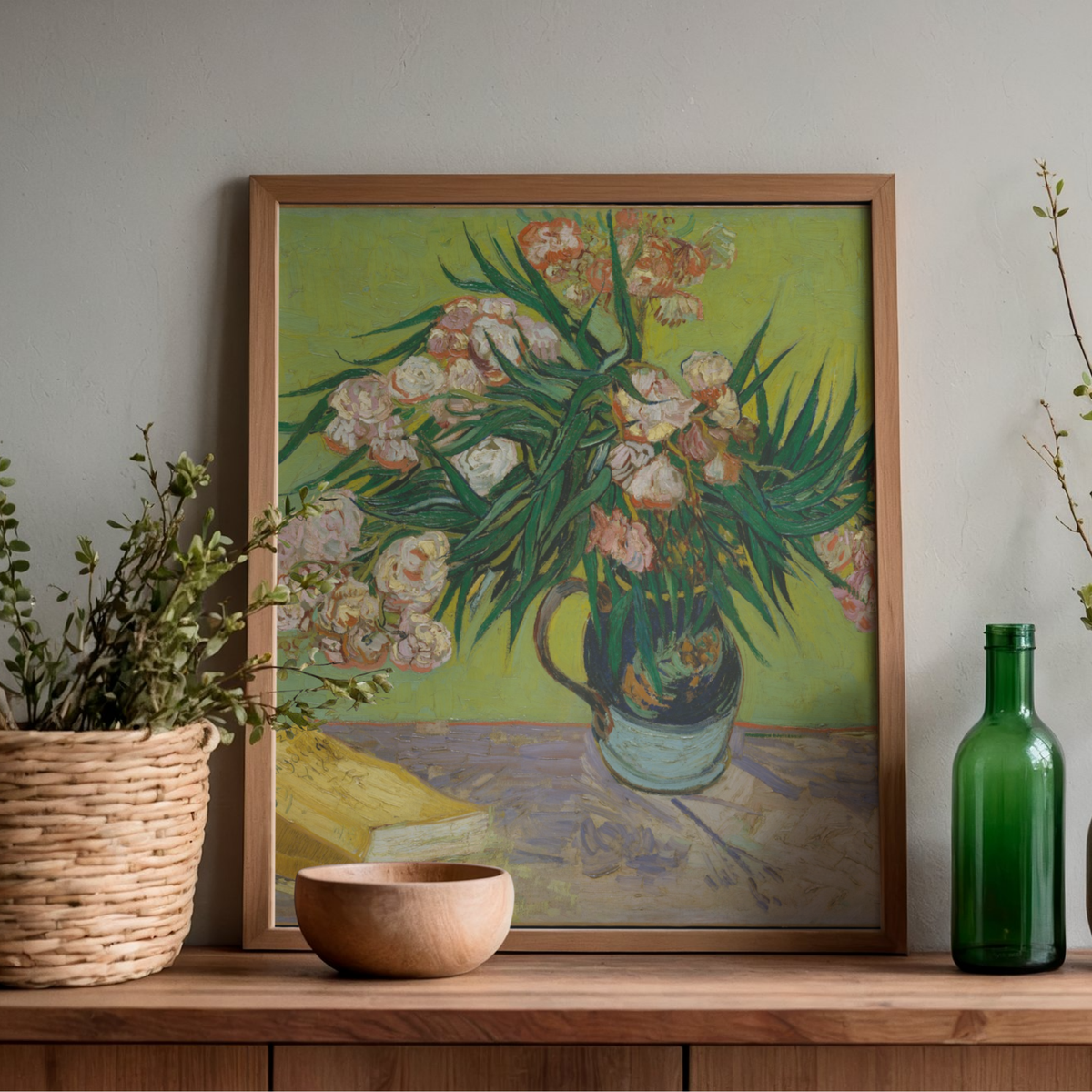 Vincent van Gogh Oleanders printable wall art displayed in a wooden frame