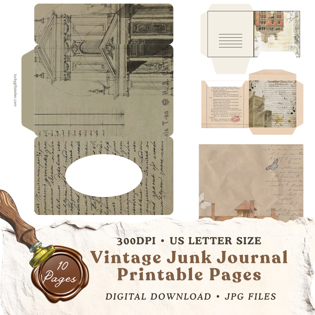 Vintage architecture junk journal printable with antique architectural drawing and handwritten document