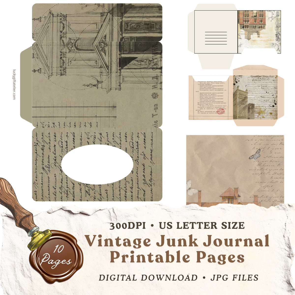 Vintage architecture junk journal printable with antique architectural drawing and handwritten document