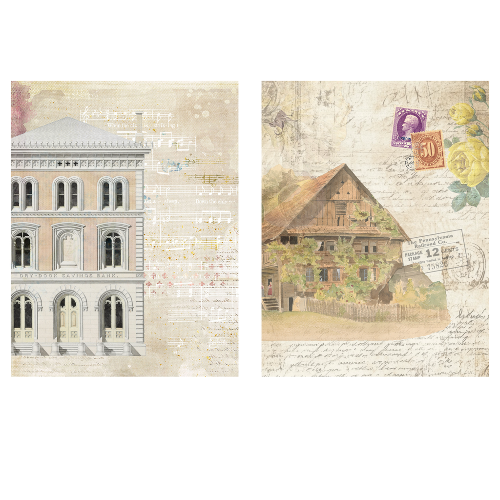 Vintage building junk journal printable page with handwritten script, botanical illustrations and sheet music