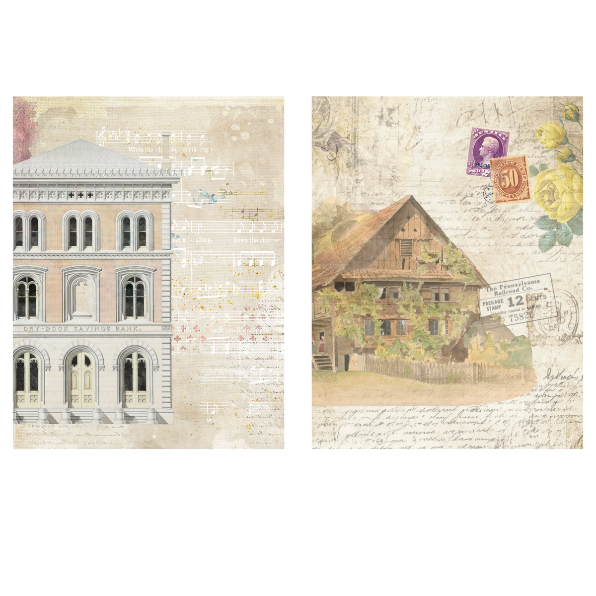 Vintage building junk journal printable page with handwritten script, botanical illustrations and sheet music