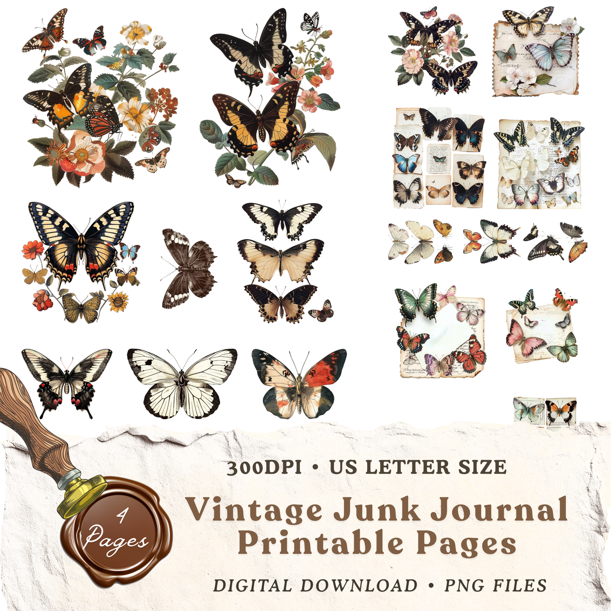 Vintage butterfly junk journal printable set with 5 US Letter pages featuring botanical flowers, antique paper and colorful butterfly illustrations.