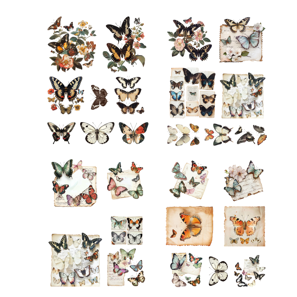 Overview of five vintage butterfly printable pages with floral illustrations, antique ephemera and aged paper designs for junk journals.